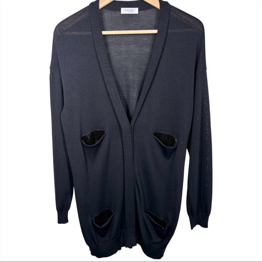 Lanvin en Blue Black Light Cardigan Size Medium Sequin Detail Longline Sheer